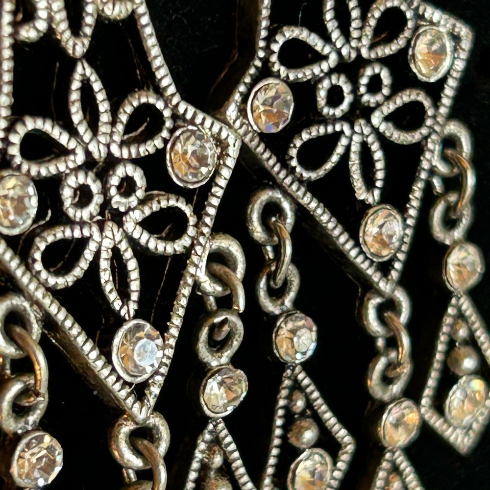 Silver tone Openwork Chandelier Earrings With Rhinestone Accents Dangle pierced